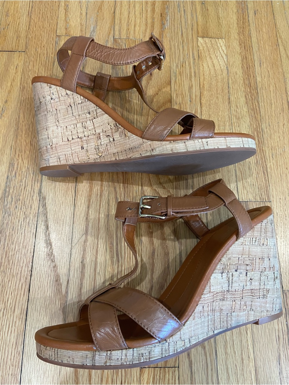 Cole Haan Brown-Tan Leather Wedge Sandals